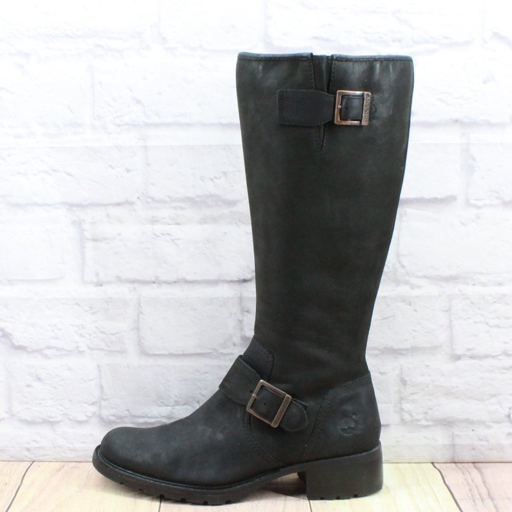 Timberland Black Leather Pull On Buckled Side Zip Boots Size 7.5 Medium